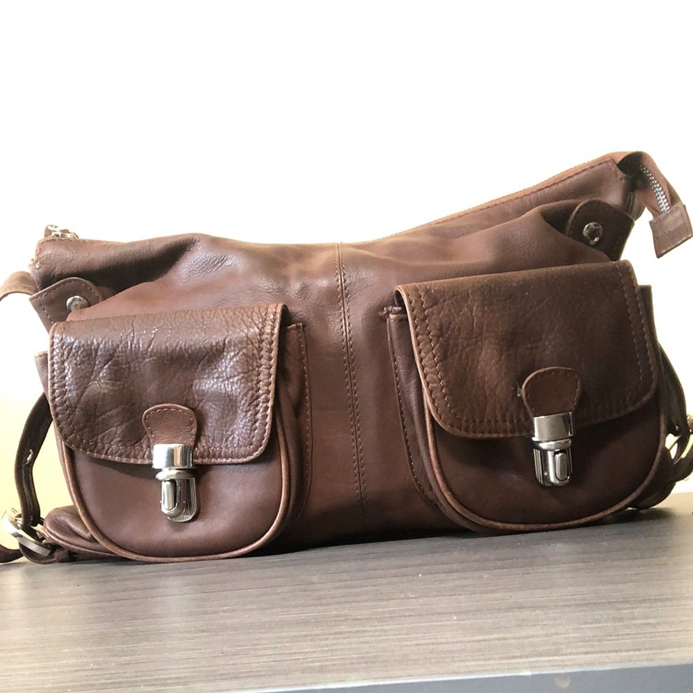 VINTAGE Brown Leather Cargo Moto Slouchy Duffel Crossbody Shoulder Sling Bag Y2K